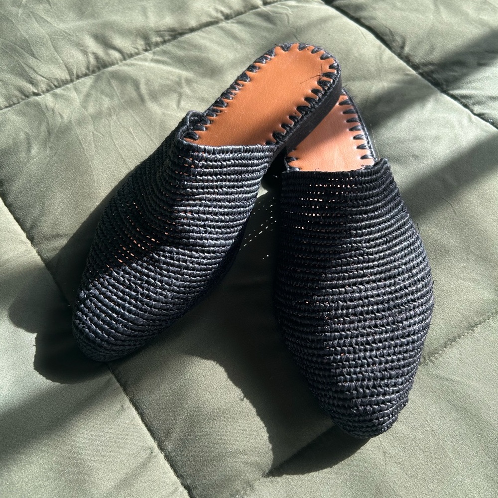 Black Woven Slip-On Mules